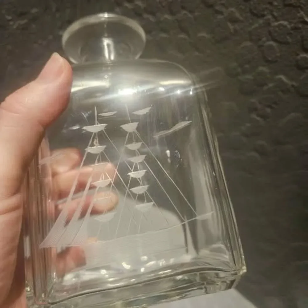Etched Glass Ship Decanter with Floral Stopper amade in Italy